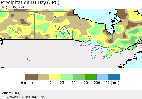 Canada Precipitation 10-Day (CPC) Thematic Map For 8/6/2023 - 8/15/2023