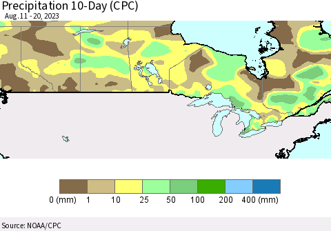 Canada Precipitation 10-Day (CPC) Thematic Map For 8/11/2023 - 8/20/2023