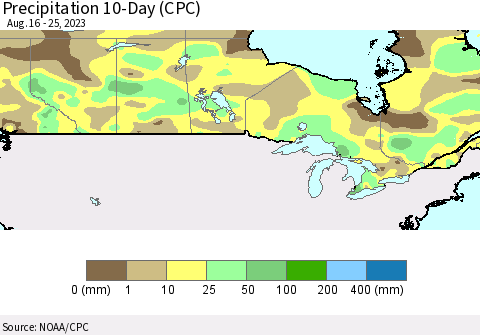 Canada Precipitation 10-Day (CPC) Thematic Map For 8/16/2023 - 8/25/2023