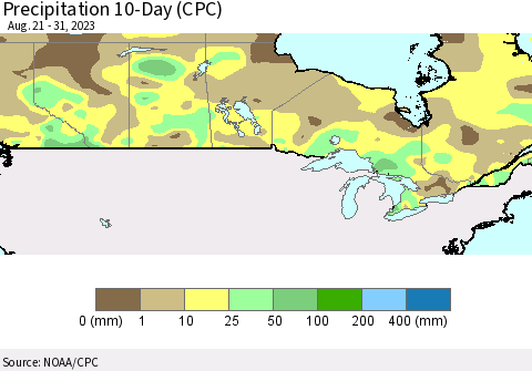 Canada Precipitation 10-Day (CPC) Thematic Map For 8/21/2023 - 8/31/2023