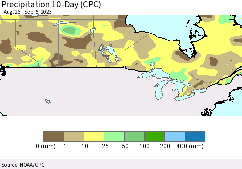 Canada Precipitation 10-Day (CPC) Thematic Map For 8/26/2023 - 9/5/2023