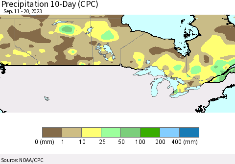 Canada Precipitation 10-Day (CPC) Thematic Map For 9/11/2023 - 9/20/2023