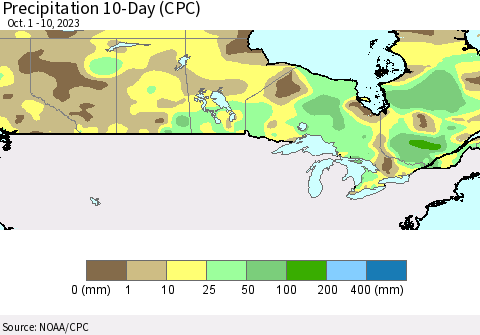 Canada Precipitation 10-Day (CPC) Thematic Map For 10/1/2023 - 10/10/2023