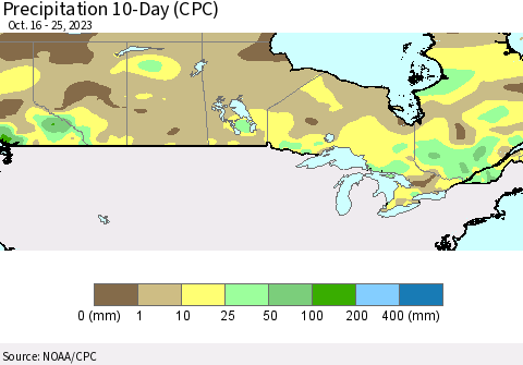 Canada Precipitation 10-Day (CPC) Thematic Map For 10/16/2023 - 10/25/2023