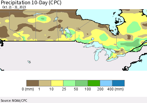 Canada Precipitation 10-Day (CPC) Thematic Map For 10/21/2023 - 10/31/2023