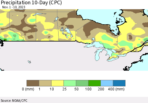 Canada Precipitation 10-Day (CPC) Thematic Map For 11/1/2023 - 11/10/2023