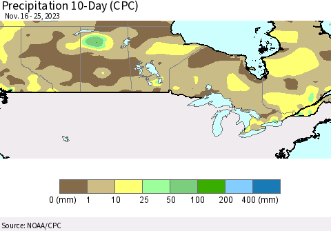 Canada Precipitation 10-Day (CPC) Thematic Map For 11/16/2023 - 11/25/2023