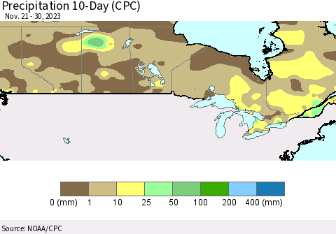 Canada Precipitation 10-Day (CPC) Thematic Map For 11/21/2023 - 11/30/2023