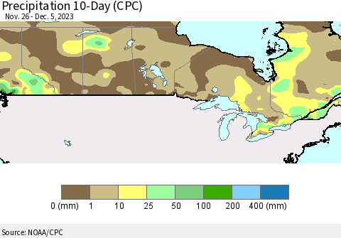 Canada Precipitation 10-Day (CPC) Thematic Map For 11/26/2023 - 12/5/2023
