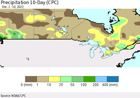 Canada Precipitation 10-Day (CPC) Thematic Map For 12/1/2023 - 12/10/2023