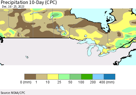 Canada Precipitation 10-Day (CPC) Thematic Map For 12/16/2023 - 12/25/2023