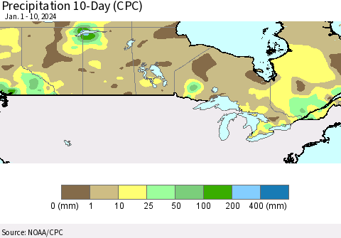 Canada Precipitation 10-Day (CPC) Thematic Map For 1/1/2024 - 1/10/2024