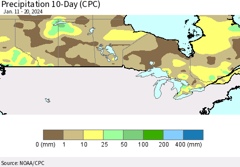 Canada Precipitation 10-Day (CPC) Thematic Map For 1/11/2024 - 1/20/2024
