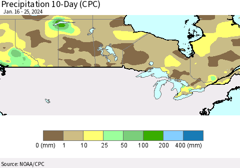 Canada Precipitation 10-Day (CPC) Thematic Map For 1/16/2024 - 1/25/2024