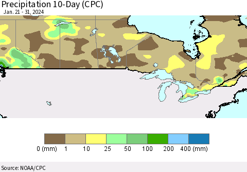 Canada Precipitation 10-Day (CPC) Thematic Map For 1/21/2024 - 1/31/2024