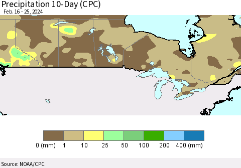 Canada Precipitation 10-Day (CPC) Thematic Map For 2/16/2024 - 2/25/2024