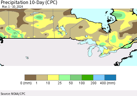 Canada Precipitation 10-Day (CPC) Thematic Map For 3/1/2024 - 3/10/2024