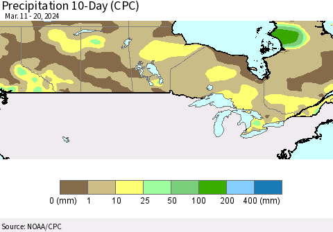 Canada Precipitation 10-Day (CPC) Thematic Map For 3/11/2024 - 3/20/2024