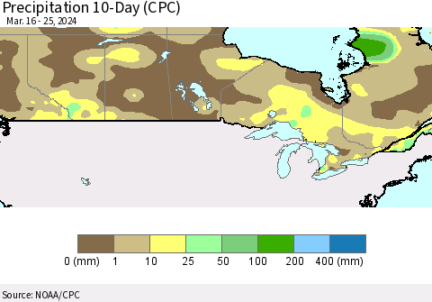 Canada Precipitation 10-Day (CPC) Thematic Map For 3/16/2024 - 3/25/2024