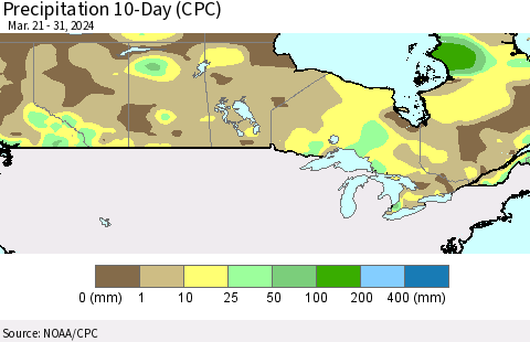 Canada Precipitation 10-Day (CPC) Thematic Map For 3/21/2024 - 3/31/2024