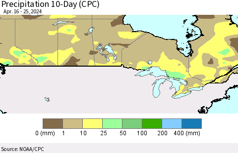 Canada Precipitation 10-Day (CPC) Thematic Map For 4/16/2024 - 4/25/2024