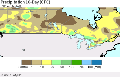 Canada Precipitation 10-Day (CPC) Thematic Map For 4/21/2024 - 4/30/2024