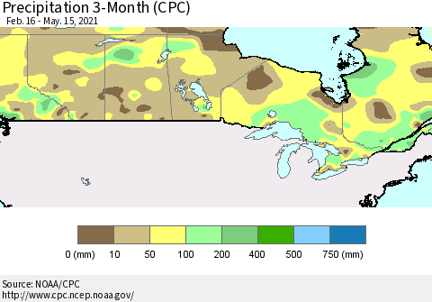 Canada Precipitation 3-Month (CPC) Thematic Map For 2/16/2021 - 5/15/2021