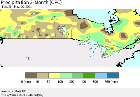Canada Precipitation 3-Month (CPC) Thematic Map For 2/21/2021 - 5/20/2021