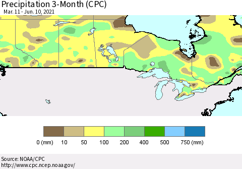 Canada Precipitation 3-Month (CPC) Thematic Map For 3/11/2021 - 6/10/2021
