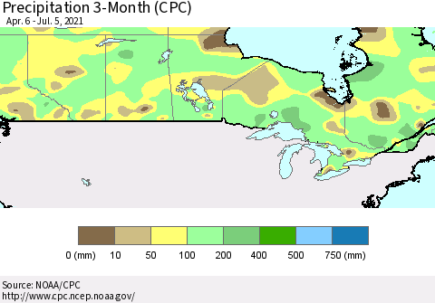 Canada Precipitation 3-Month (CPC) Thematic Map For 4/6/2021 - 7/5/2021