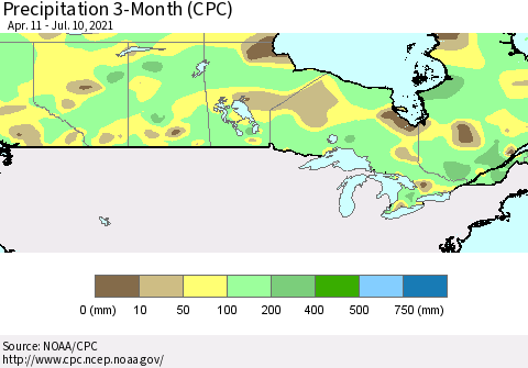 Canada Precipitation 3-Month (CPC) Thematic Map For 4/11/2021 - 7/10/2021