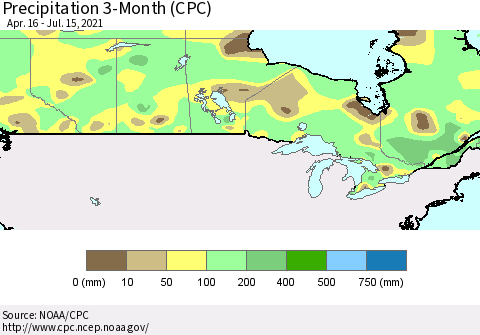 Canada Precipitation 3-Month (CPC) Thematic Map For 4/16/2021 - 7/15/2021
