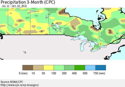 Canada Precipitation 3-Month (CPC) Thematic Map For 7/11/2021 - 10/10/2021