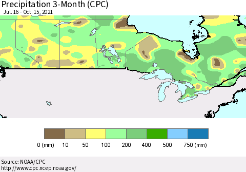 Canada Precipitation 3-Month (CPC) Thematic Map For 7/16/2021 - 10/15/2021