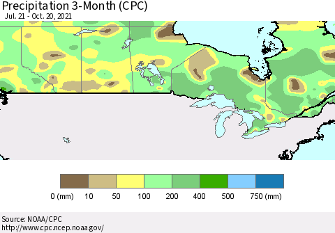 Canada Precipitation 3-Month (CPC) Thematic Map For 7/21/2021 - 10/20/2021