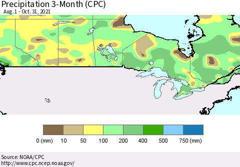 Canada Precipitation 3-Month (CPC) Thematic Map For 8/1/2021 - 10/31/2021