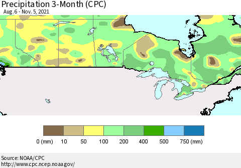Canada Precipitation 3-Month (CPC) Thematic Map For 8/6/2021 - 11/5/2021
