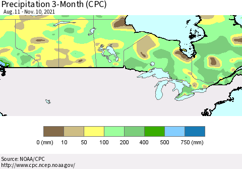 Canada Precipitation 3-Month (CPC) Thematic Map For 8/11/2021 - 11/10/2021