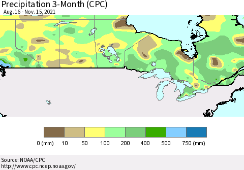 Canada Precipitation 3-Month (CPC) Thematic Map For 8/16/2021 - 11/15/2021