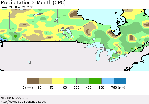 Canada Precipitation 3-Month (CPC) Thematic Map For 8/21/2021 - 11/20/2021