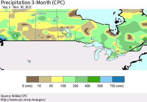 Canada Precipitation 3-Month (CPC) Thematic Map For 9/1/2021 - 11/30/2021