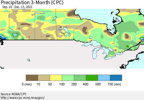 Canada Precipitation 3-Month (CPC) Thematic Map For 9/16/2021 - 12/15/2021