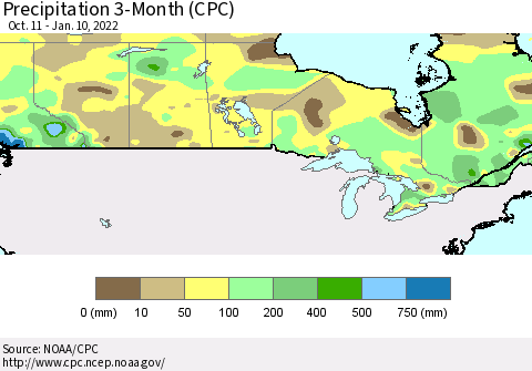 Canada Precipitation 3-Month (CPC) Thematic Map For 10/11/2021 - 1/10/2022