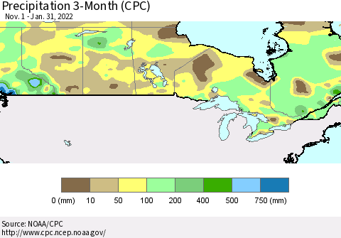 Canada Precipitation 3-Month (CPC) Thematic Map For 11/1/2021 - 1/31/2022