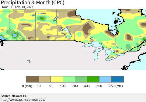 Canada Precipitation 3-Month (CPC) Thematic Map For 11/11/2021 - 2/10/2022