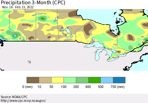 Canada Precipitation 3-Month (CPC) Thematic Map For 11/16/2021 - 2/15/2022