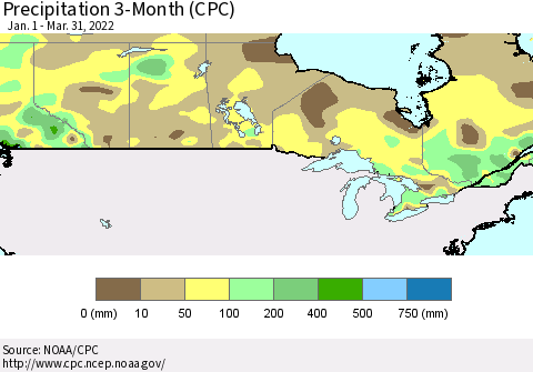 Canada Precipitation 3-Month (CPC) Thematic Map For 1/1/2022 - 3/31/2022