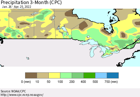 Canada Precipitation 3-Month (CPC) Thematic Map For 1/26/2022 - 4/25/2022