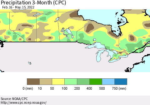 Canada Precipitation 3-Month (CPC) Thematic Map For 2/16/2022 - 5/15/2022