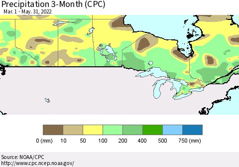 Canada Precipitation 3-Month (CPC) Thematic Map For 3/1/2022 - 5/31/2022